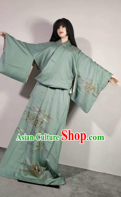 Traditional Japan Geisha Printing Green Furisode Kimono Asian Japanese Fashion Apparel Costume for Women