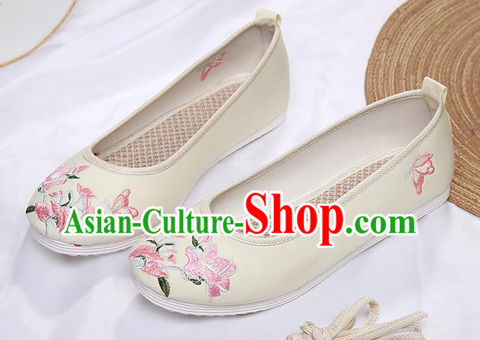Chinese Traditional Beige Embroidered Flowers Butterfly Shoes Opera Shoes Hanfu Shoes Wedding Shoes for Women