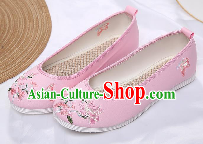 Chinese Traditional Pink Embroidered Flowers Butterfly Shoes Opera Shoes Hanfu Shoes Wedding Shoes for Women