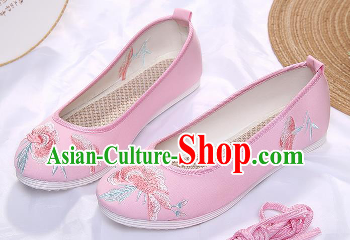 Chinese Traditional Pink Embroidered Peony Shoes Opera Shoes Hanfu Shoes Wedding Shoes for Women