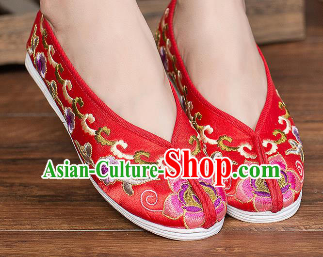 Chinese Traditional Red Satin Embroidered Shoes Opera Shoes Hanfu Shoes Wedding Shoes for Women