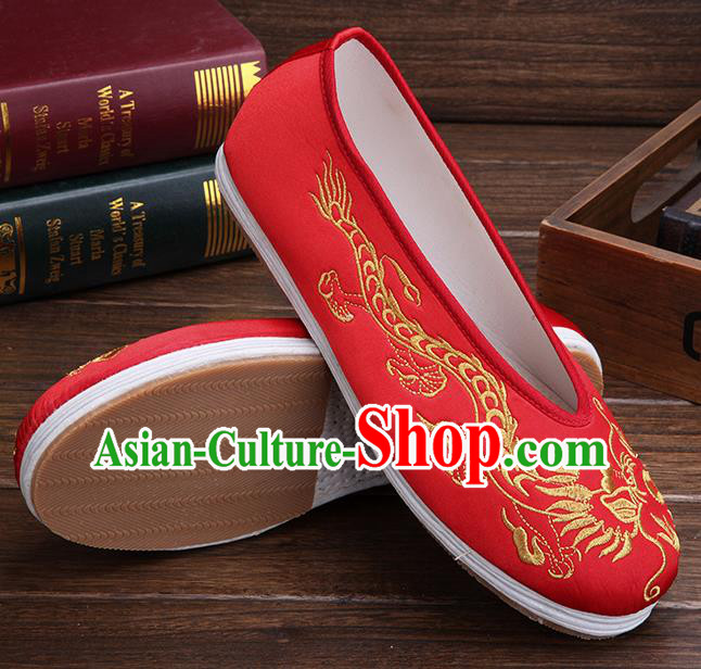 Chinese Traditional Red Embroidered Dragon Shoes Handmade Hanfu Shoes Wedding Shoes for Men