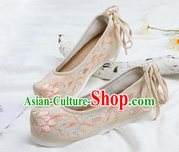 Chinese Traditional Embroidered Lotus Beige Shoes Opera Shoes Hanfu Shoes Wedding Shoes for Women