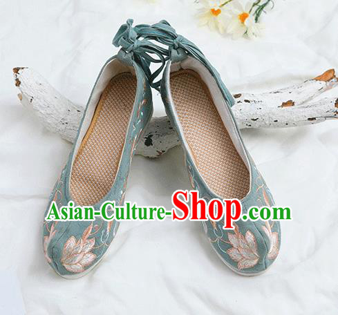 Chinese Traditional Embroidered Lotus Green Shoes Opera Shoes Hanfu Shoes Wedding Shoes for Women