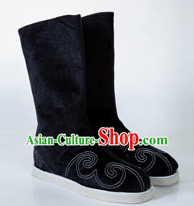 Chinese Traditional Black Embroidered Boots Handmade Hanfu Shoes Ancient Swordsman Shoes for Men