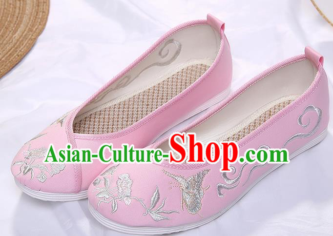 Chinese Traditional Pink Embroidered Butterfly Orchid Shoes Opera Shoes Hanfu Shoes Wedding Shoes for Women