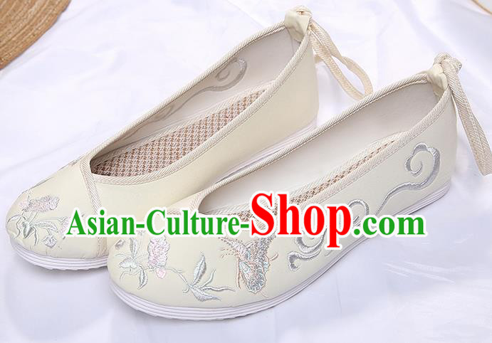 Chinese Traditional Beige Embroidered Butterfly Orchid Shoes Opera Shoes Hanfu Shoes Wedding Shoes for Women