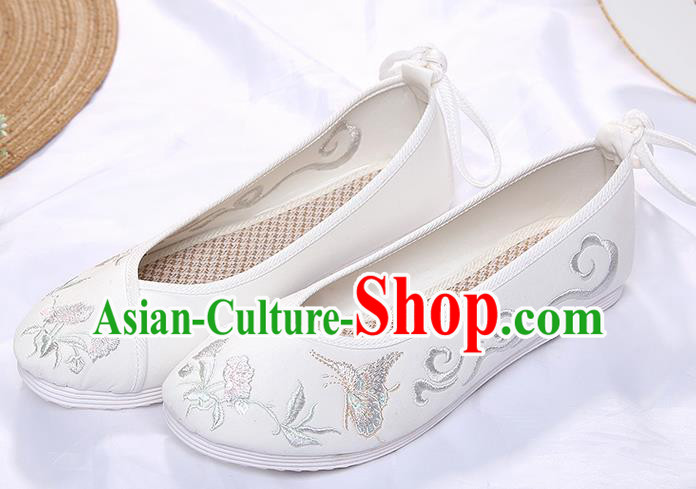Chinese Traditional White Embroidered Butterfly Orchid Shoes Opera Shoes Hanfu Shoes Wedding Shoes for Women