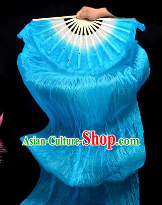 Traditional Chinese Folk Dance Blue Ribbon Fan Stage Performance Yangko Dance Silk Folding Fan