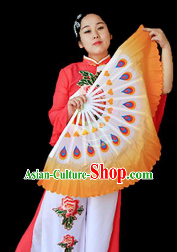 Traditional Chinese Folk Dance Orange Ribbon Mulan Fan Stage Performance Yangko Dance Silk Folding Fan