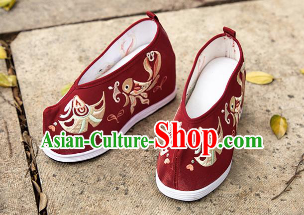 Asian Chinese Traditional Wedding Shoes Purplish Red Embroidered Shoes Opera Shoes Hanfu Shoes for Women