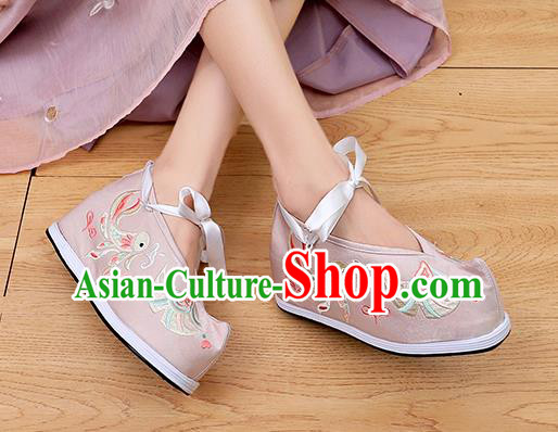 Asian Chinese Traditional Wedding Beige Satin Shoes Embroidered Shoes Opera Shoes Hanfu Shoes for Women