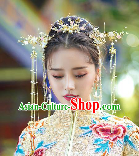 Chinese Traditional Wedding Bride Golden Leaf Hair Comb and Tassel Hairpins Hair Accessories for Women