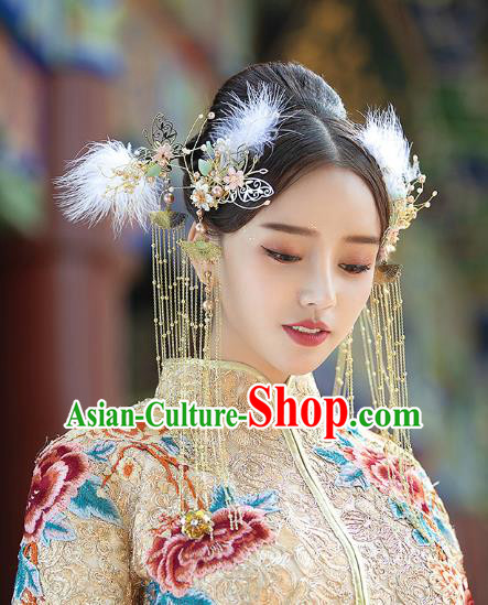 Chinese Traditional Wedding Bride Hair Comb and Feather Tassel Hairpins Hair Accessories for Women