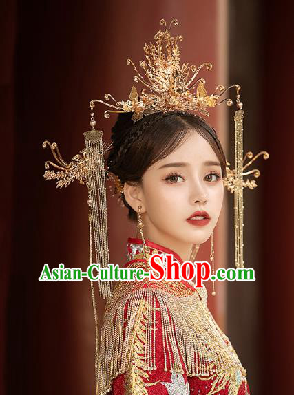 Chinese Traditional Wedding Bride Golden Tassel Phoenix Coronet and Hairpins Hair Accessories for Women