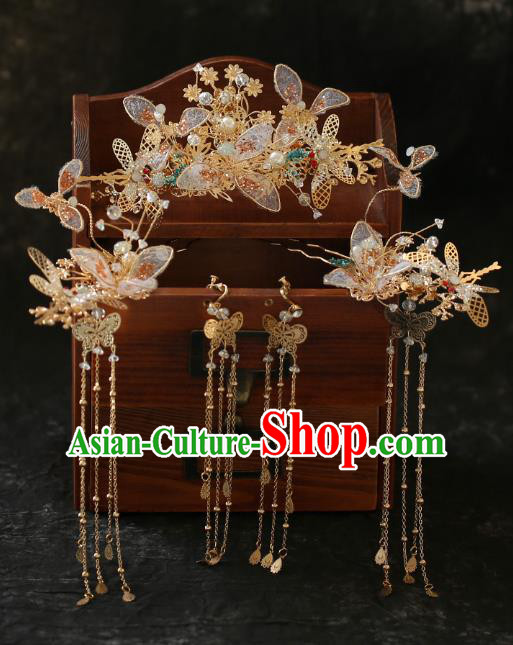 Chinese Traditional Hanfu Golden Dragonfly Hair Comb Tassel Hairpins Ancient Princess Hair Accessories for Women