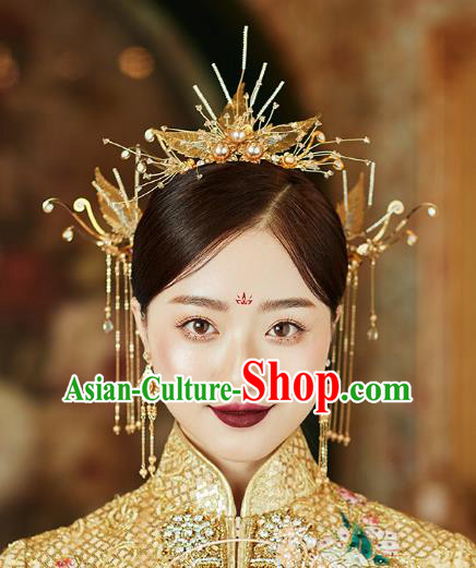 Chinese Traditional Hanfu Golden Leaf Hair Comb Tassel Hairpins Ancient Princess Hair Accessories for Women