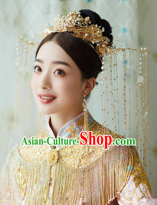 Chinese Traditional Ancient Bride Headdress Luxury Golden Tassel Phoenix Coronet Wedding Hair Accessories for Women