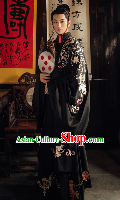 Chinese Ancient Emperor Embroidered Black Clothing Traditional Qin Dynasty Royal Prince Historical Costume Complete Set for Men