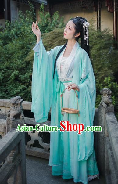 Chinese Ancient Goddess Green Embroidered Dress Traditional Tang Dynasty Patrician Lady Historical Costumes for Women