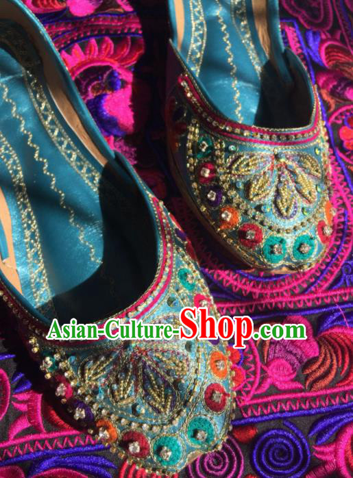 Asian India Traditional Bride Embroidered Blue Leather Shoes Indian Handmade Shoes for Women