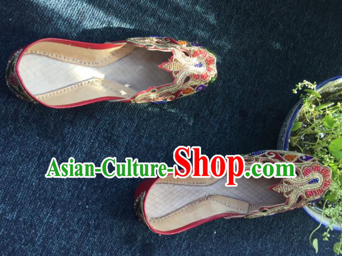 Asian India Traditional Embroidered Red Leather Shoes Indian Handmade Shoes for Women
