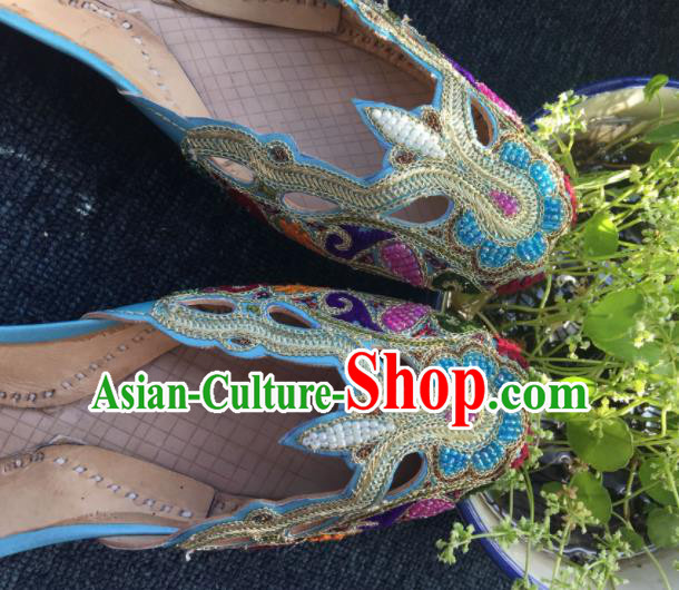 Asian India Traditional Embroidered Blue Leather Shoes Indian Handmade Shoes for Women