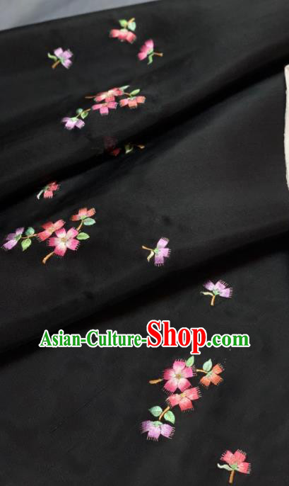 Chinese Traditional Classical Embroidered Flowers Pattern Design Black Silk Fabric Asian Hanfu Material