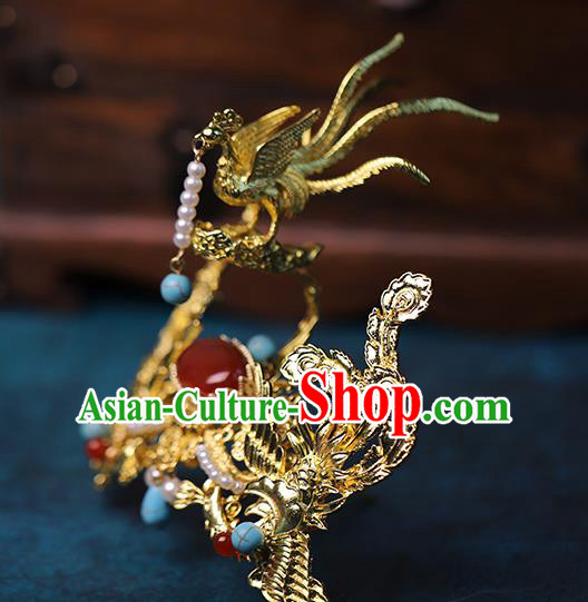 Traditional Chinese Qing Dynasty Golden Phoenix Hairpins Hair Crown Headdress Ancient Queen Hair Accessories for Women