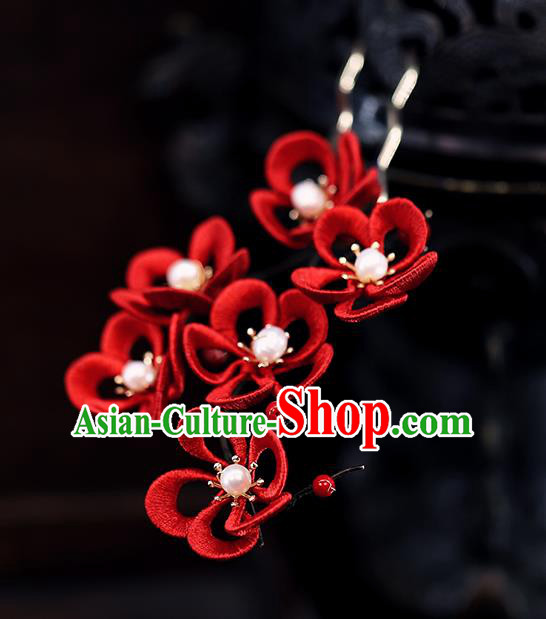 Traditional Chinese Handmade Red Plum Blossom Hairpins Headdress Ancient Hanfu Hair Accessories for Women