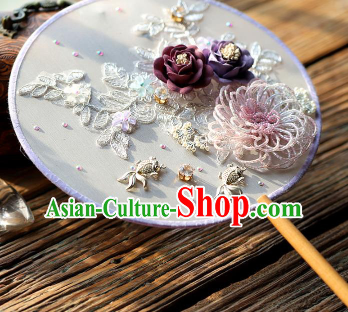 Traditional Chinese Handmade Round Fans Ancient Hanfu Beads Flowers Palace Fan for Women