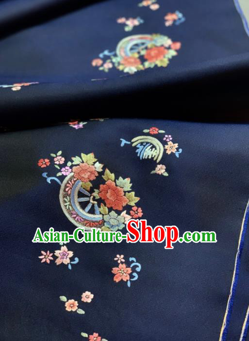 Chinese Classical Embroidered Fan Flowers Pattern Design Navy Silk Fabric Asian Traditional Hanfu Material