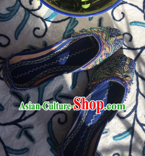 Asian India Traditional Wedding Embroidered Beads Royalblue Shoes Indian Handmade Shoes for Women