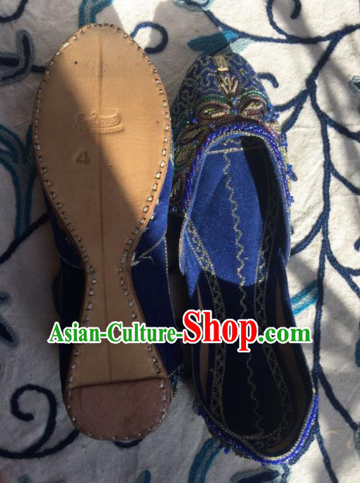 Asian India Traditional Wedding Embroidered Beads Royalblue Shoes Indian Handmade Shoes for Women
