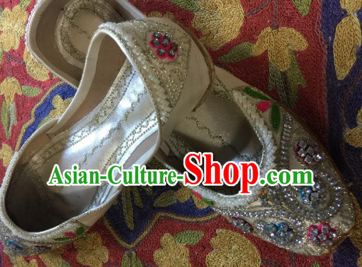 Asian India Traditional Embroidered Beige Crystal Shoes Indian Handmade Shoes for Women