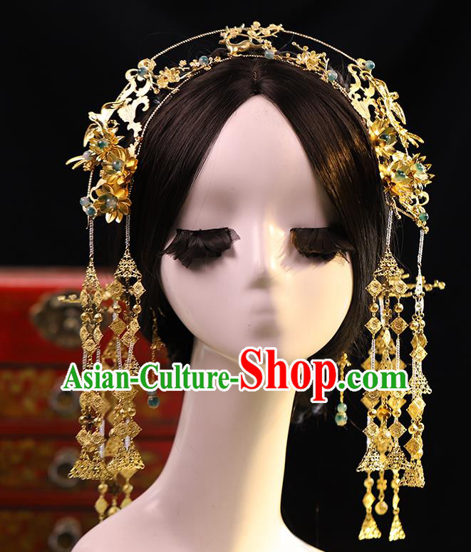 Traditional Chinese Wedding Brass Phoenix Coronet Hairpins Headdress Ancient Bride Hair Accessories for Women