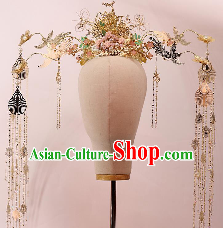 Traditional Chinese Wedding Golden Phoenix Coronet Hairpins Headdress Ancient Queen Hair Accessories for Women
