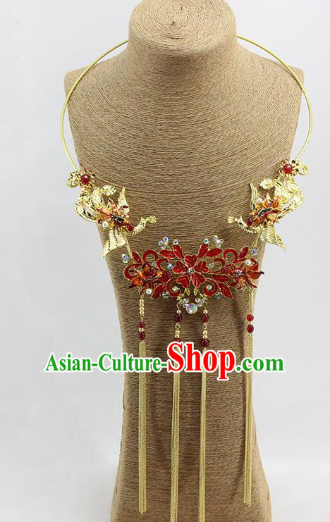 Traditional Chinese Wedding Golden Phoenix Necklace Ancient Bride Handmade Necklet Accessories for Women