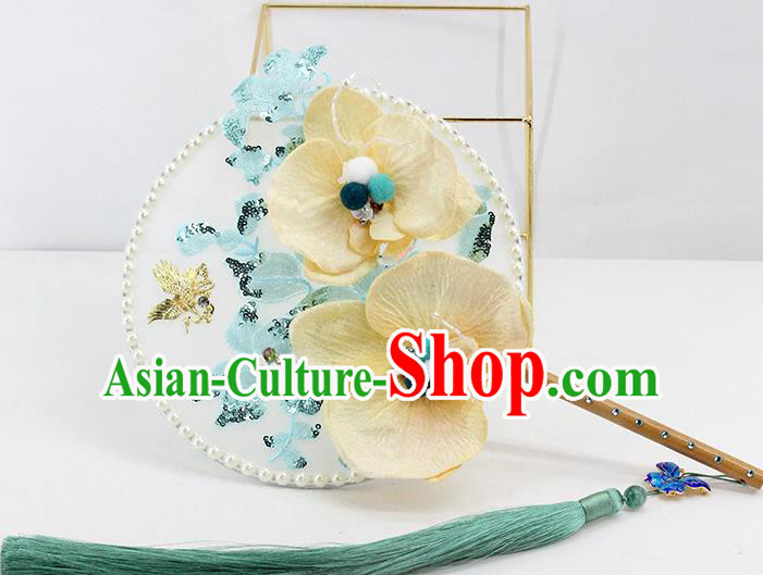 Traditional Chinese Handmade Phalaenopsis Round Fans Ancient Hanfu Wedding Palace Fan for Women