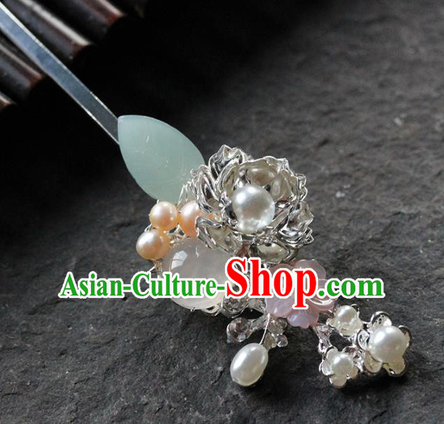 Traditional Chinese Handmade Chalcedony Hairpin Headdress Ancient Hanfu Hair Accessories for Women