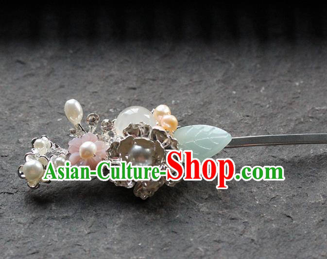 Traditional Chinese Handmade Chalcedony Hairpin Headdress Ancient Hanfu Hair Accessories for Women