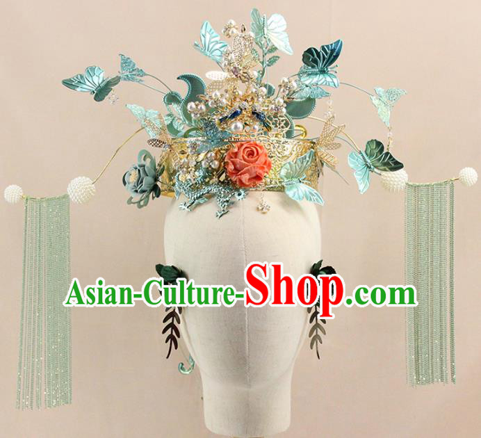 Traditional Chinese Blue Butterfly Phoenix Coronet Hairpins Headdress Ancient Wedding Hair Accessories for Women