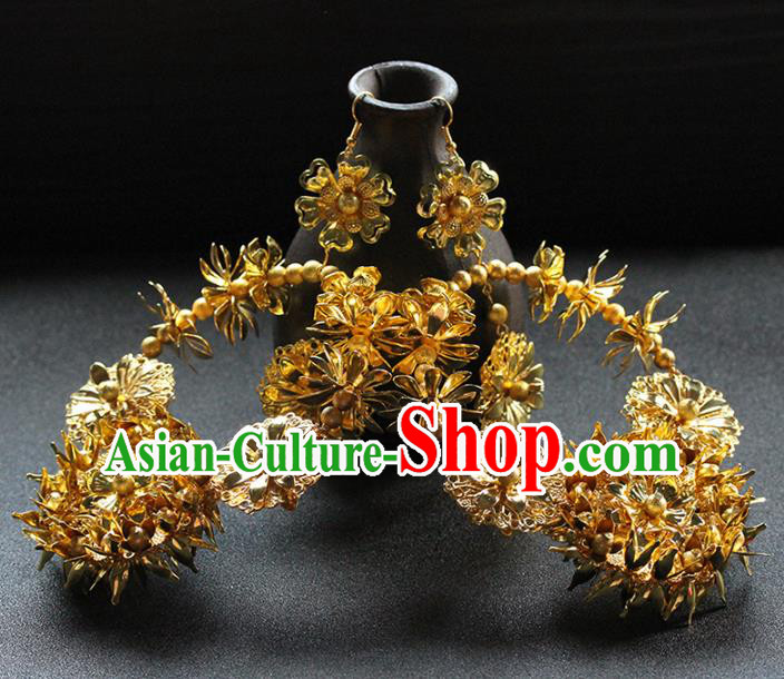 Traditional Chinese Handmade Golden Large Earrings Ancient Hanfu Ear Accessories for Women