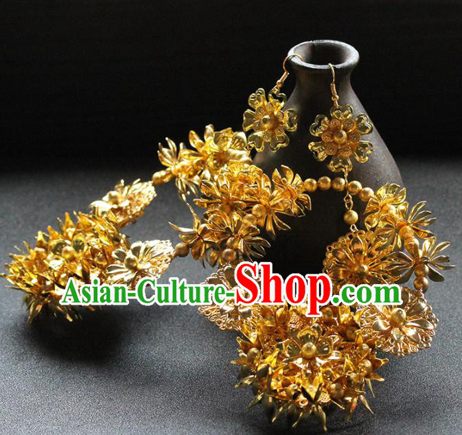 Traditional Chinese Handmade Golden Large Earrings Ancient Hanfu Ear Accessories for Women