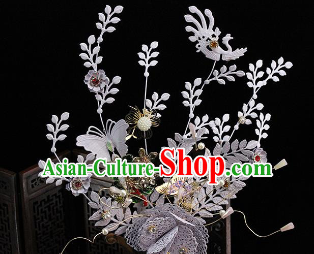 Traditional Chinese Handmade Grey Flowers Tassel Hairpins Headdress Ancient Hanfu Hair Accessories for Women