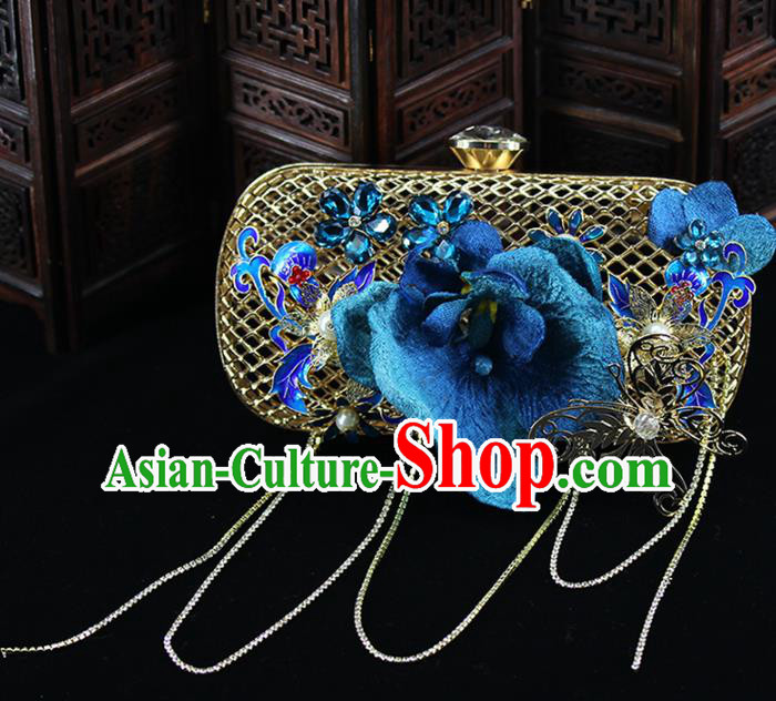 Traditional Chinese Blue Flower Handbag Handmade Wedding Bag Accessories for Women