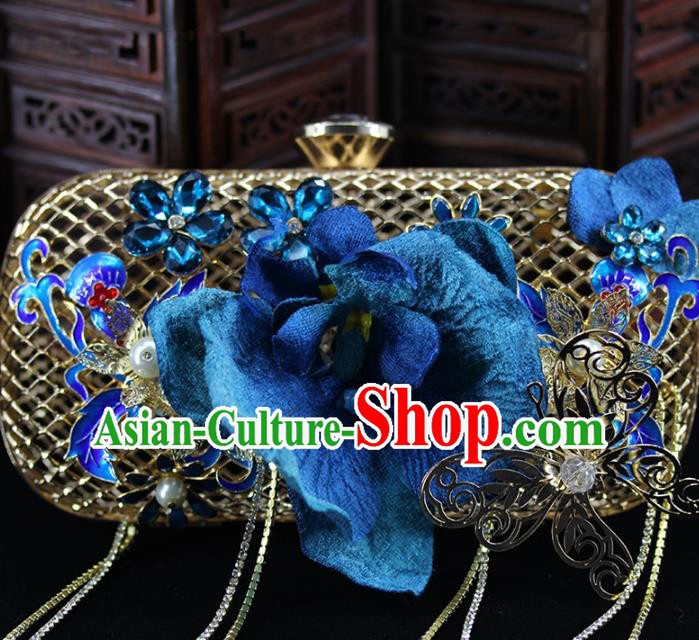 Traditional Chinese Blue Flower Handbag Handmade Wedding Bag Accessories for Women