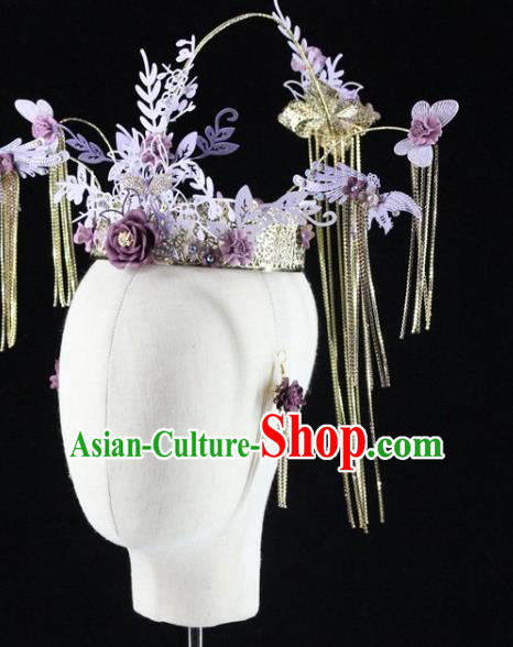 Traditional Chinese Wedding Purple Flowers Hair Crown Hairpins Headdress Ancient Hair Accessories for Women