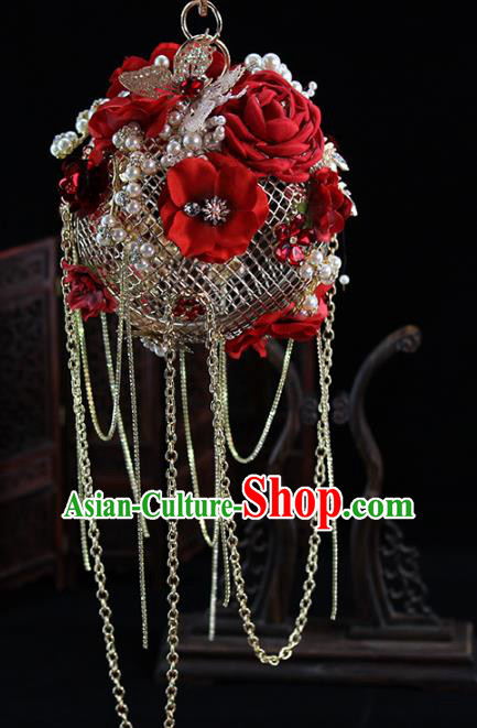 Traditional Chinese Red Flowers Handbag Handmade Wedding Bag Accessories for Women