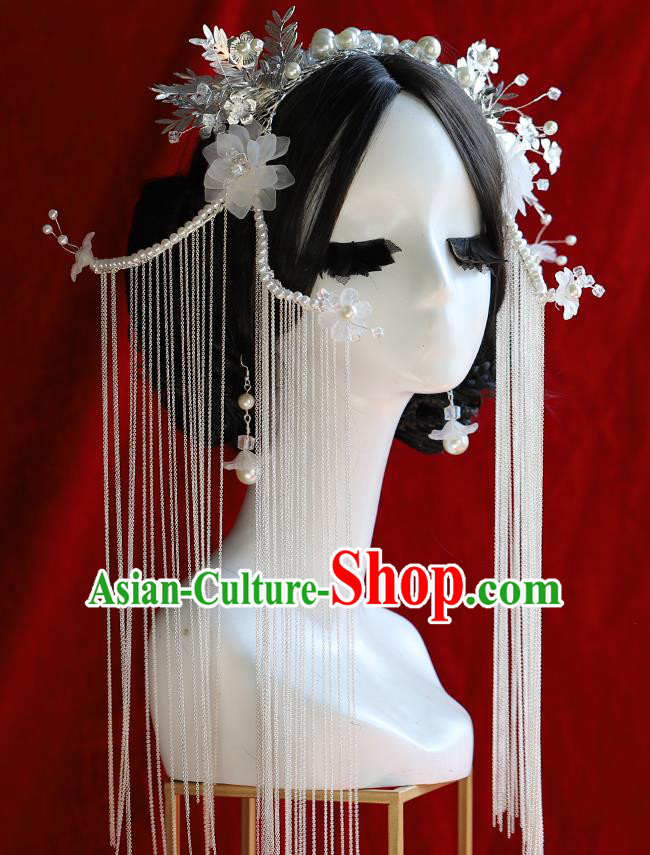 Traditional Chinese Wedding White Tassel Phoenix Coronet Hairpins Headdress Ancient Empress Hair Accessories for Women